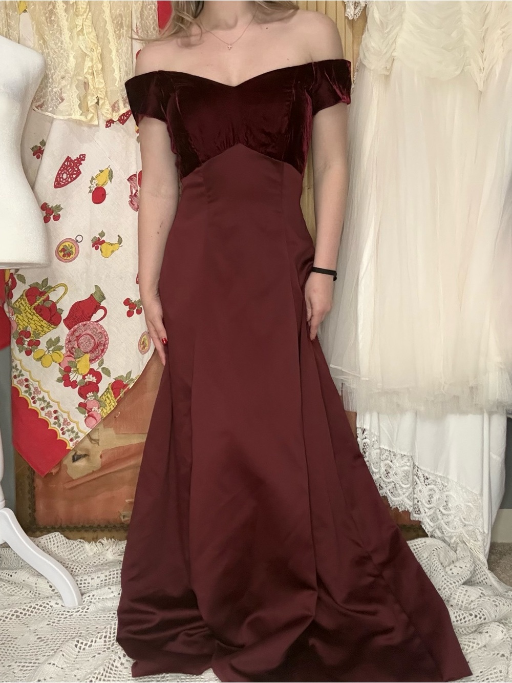 Vintage 90’s Off-the-Shoulder Burgundy Evening Gown